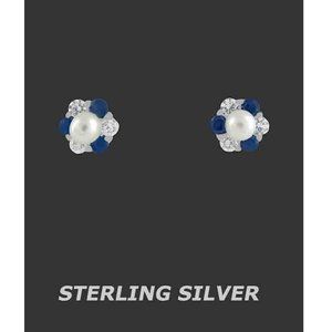 Genuine Pearls, Blue & White Sapphires Earrings .925 Silver